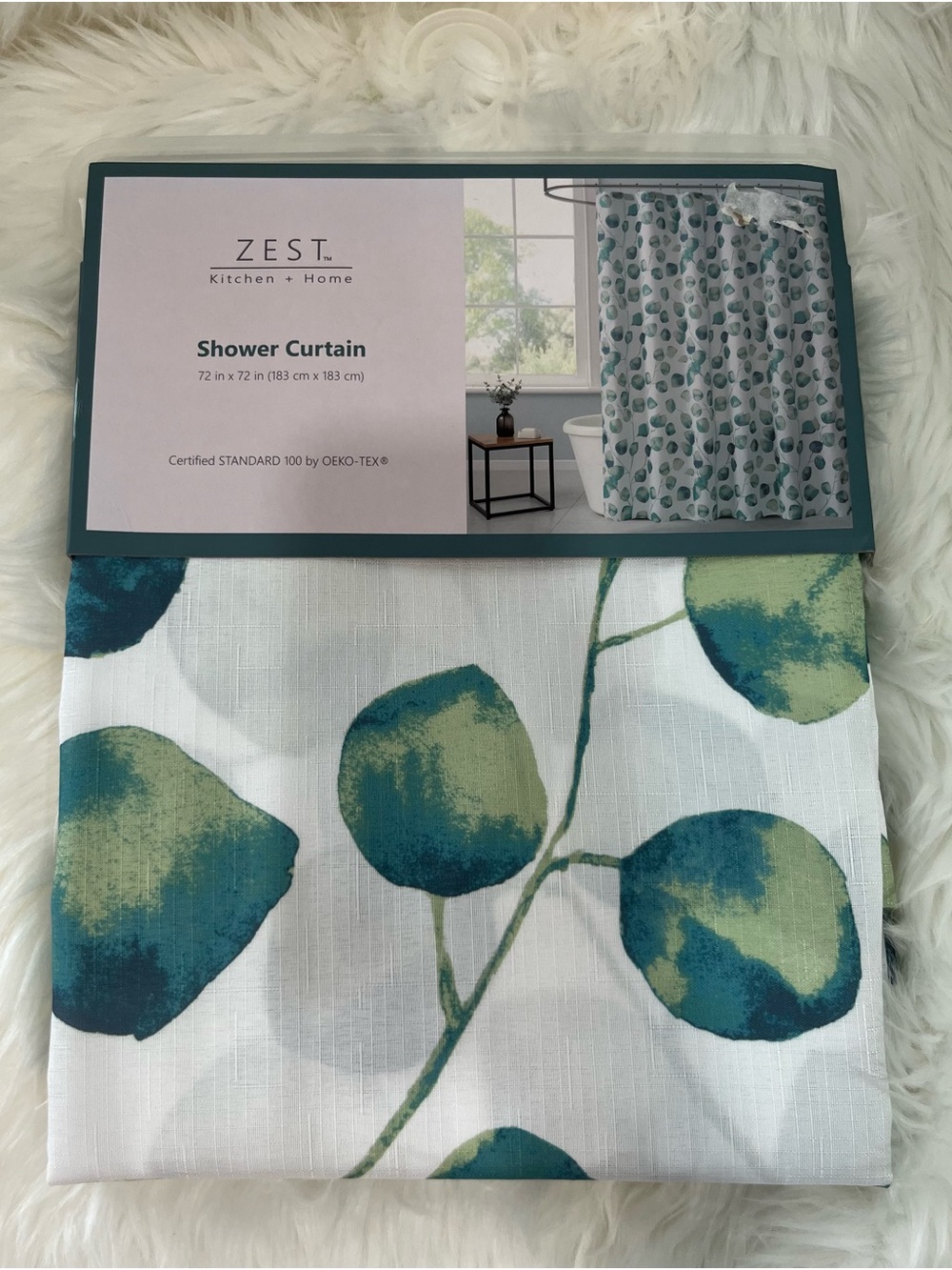 ZEST Kitchen + Home Shower Curtain 72” x 72” Green Teal Leaf Print